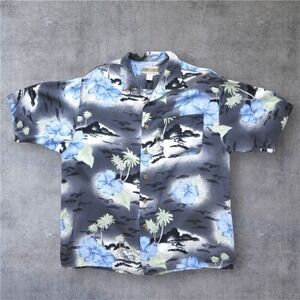 90s Gray‎ Hawaiian Shirt Medium Rayon Floral Palm Touristcore Summer Beach Dad